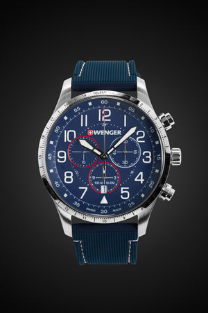 Wenger Attitude Chrono Swiss Watch in Stainless Steel with Blue Dial and Dark Blue Silicone Strap