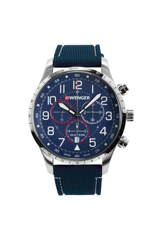 Wenger Attitude Chrono Watch - Stainless Steel with Blue Dial and Dark Blue Silicone Strap