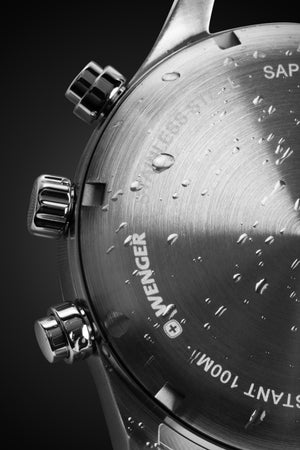 Wenger Attitude Chrono Swiss Watch in Stainless Steel with Blue Dial and Dark Blue Silicone Strap