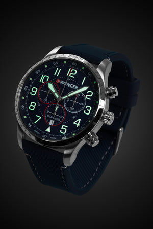 Wenger Attitude Chrono Watch - Stainless Steel with Blue Dial and Dark Blue Silicone Strap