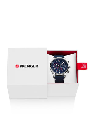 Wenger Attitude Chrono Swiss Watch in Stainless Steel with Blue Dial and Dark Blue Silicone Strap
