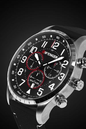 Wenger Attitude Chrono Watch - Stainless Steel with Black Dial and Black Silicone Strap
