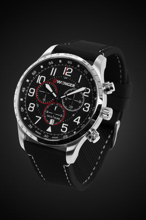 Wenger Attitude Chrono Swiss Watch in Stainless Steel with Black Dial and Black Silicone Strap