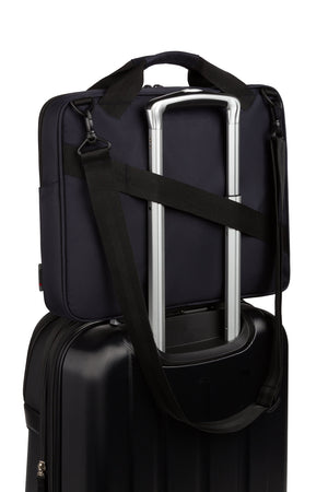 Wenger Notion 16 inch Slim Briefcase Pass-Thru trolley strap slides over the handle of wheeled luggage for easy travel with multiple bags