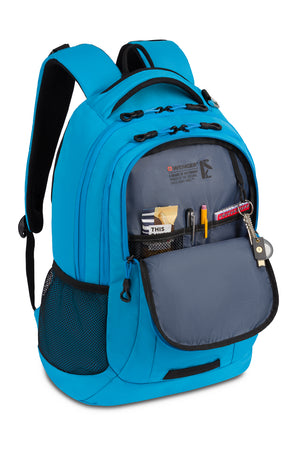 Wenger Sprint Laptop Backpack Front organizer panel includes a key fob clip and multiple divider pockets for pens, a cell phone, ID card, memory stick and other necessities