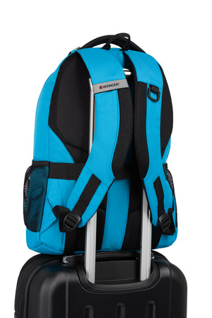 Wenger Sprint Laptop Backpack Add-a-bag strap fits over the extension handle of rolling luggage for secure stacking
