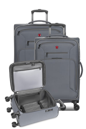 Wenger 7062 Expandable 3 piece Spinner Luggage Set – Gray 3-piece set includes a 19” carry on, a 24” checked luggage, and a 28” checked luggage